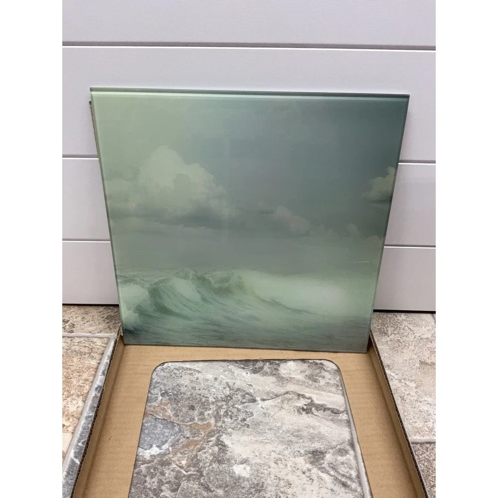Tempered Glass Wall Art Ocean Waves Coastal Seascape Square 12x12 Green Grey